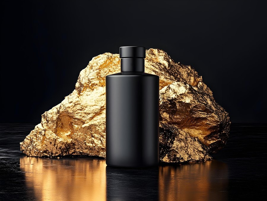 Botella negra de shampoo junto a una piedra dorada (imagen de referencia)